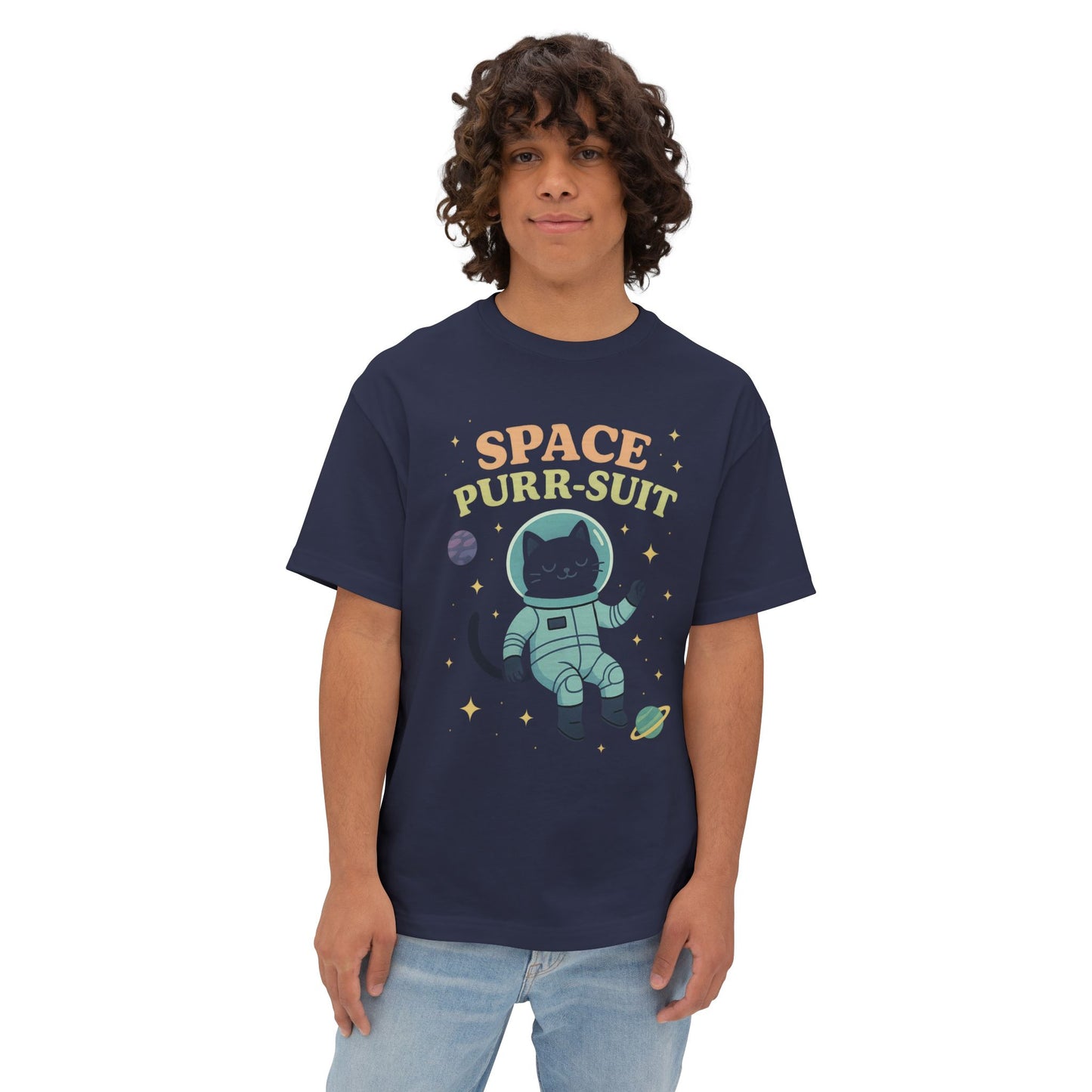 Cute Cat Space Oversized Tee | Unisex Cartoon Shirt | Casual Wear, Gift for Cat Lovers, Space Themed Apparel, Fun Graphic Tee